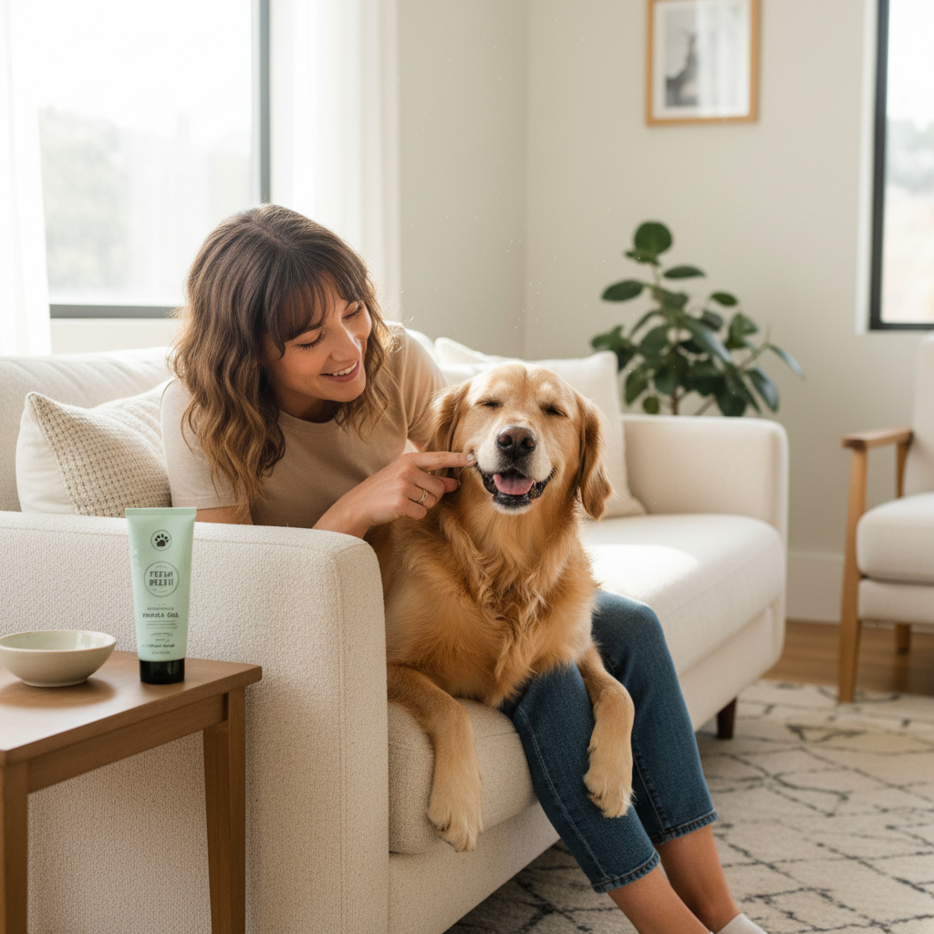 Happy dog getting peppermint dental gel applied by owner in cozy home setting