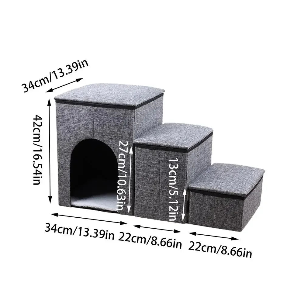 Folding Pet Stairs Bed 3-Step Cat Dog Removable Stairs Pet To Ramp Ladder Anti-slip Stairs Puppy Bed Storage Box Pet Supplies