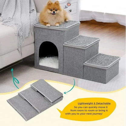 Folding Pet Stairs Bed 3-Step Cat Dog Removable Stairs Pet To Ramp Ladder Anti-slip Stairs Puppy Bed Storage Box Pet Supplies