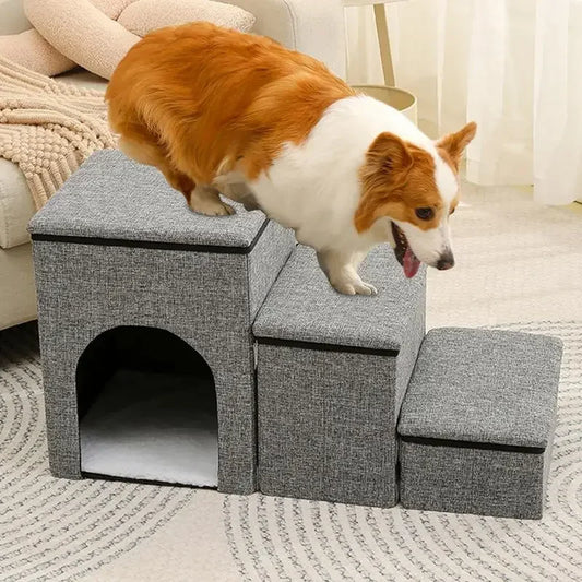 Folding Pet Stairs Bed 3-Step Cat Dog Removable Stairs Pet To Ramp Ladder Anti-slip Stairs Puppy Bed Storage Box Pet Supplies